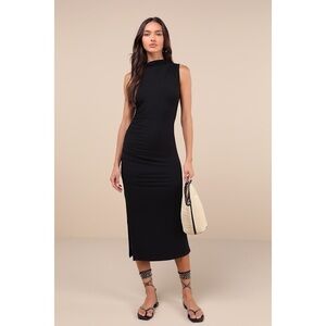 Lulus Elevated Presence Black Sleeveless Ruched Funnel Neck Midi Dress - Size S